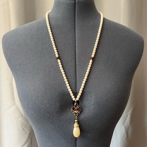 1928 Vintage Small String Pearl Rhinestone Drop Necklace
